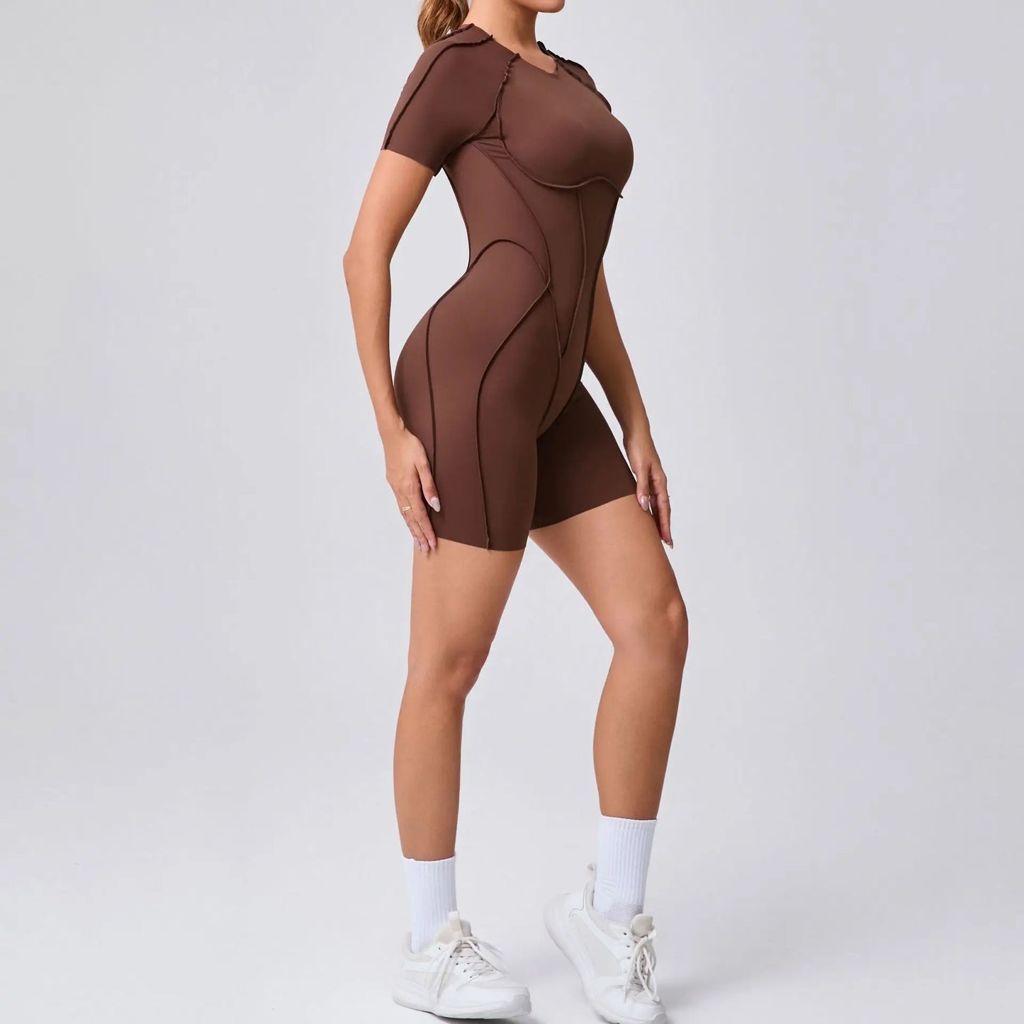 Customized LOGO women's three-dimensional aesthetic sports one-piece yoga clothes tight short-sleeved hollow back onesie