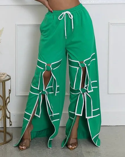 CM.YAYA Fashion Women Striped Patchwork Bowknot Split Wide Leg Jogger Pants 2025 Summer Active Sporty Classic Trousers