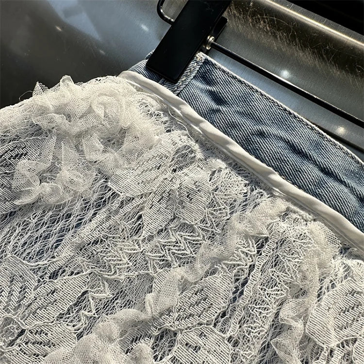 Ruffle Leaf Edge Irregular Curtain Skirt Sweet A Line Skirt Lace Splicing Denim Shorts Street Hipster Denim Shorts Women