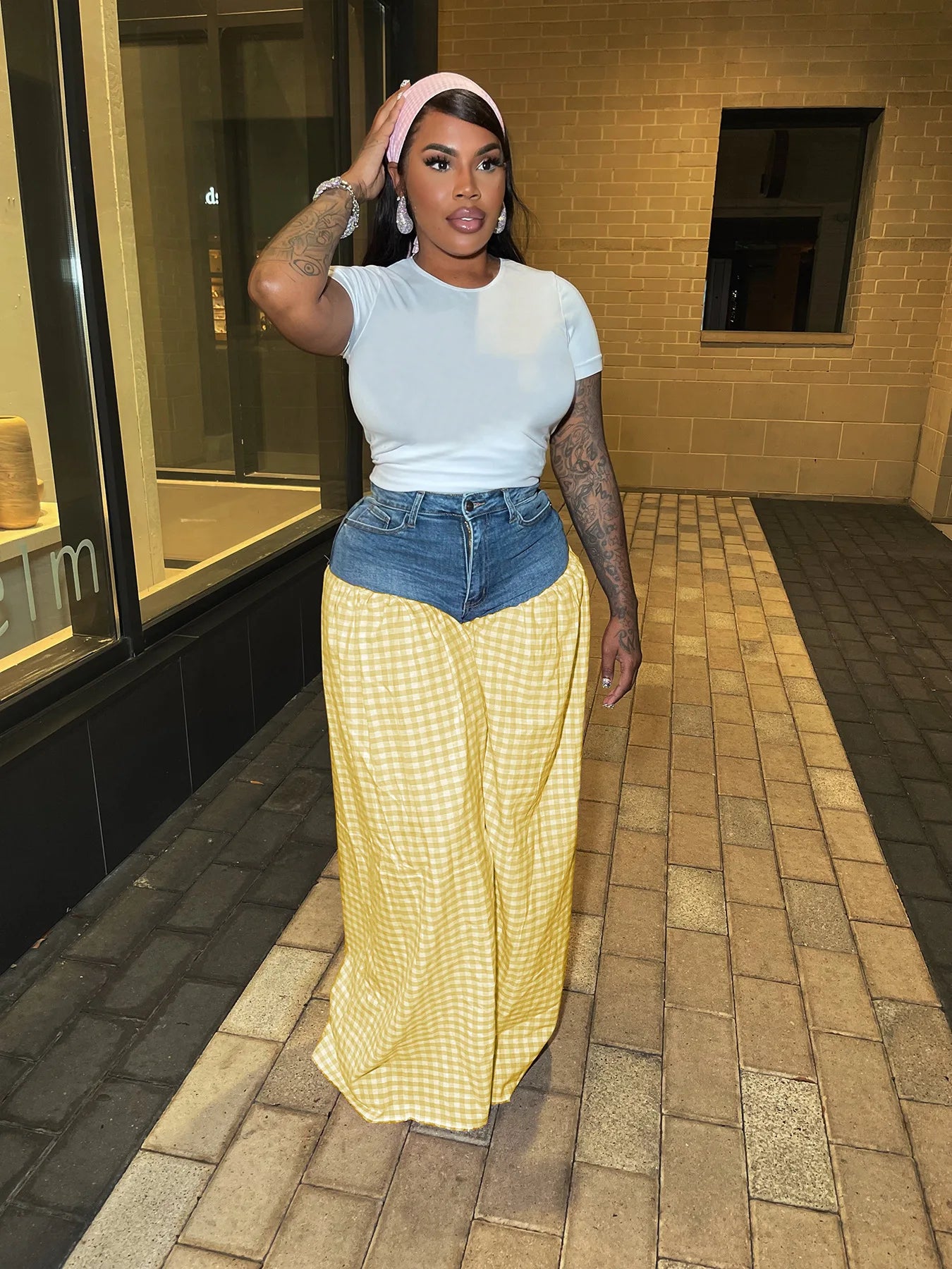 CM.YAYA Fashion Women Plaid Denim Patchwork Loose Wide Leg Jogger Pants 2025 Streetwear Active Hip Hop Sweatpants Trousers