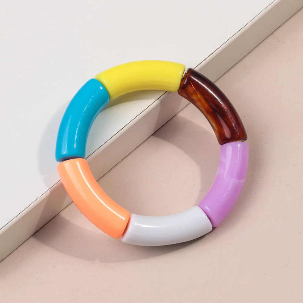 FishSheep Trendy Acrylic Stacked Bamboo Beads Bangles Bracelets for Women Bohemian Resin Elastic Beaded Bracelets Set Jewelry