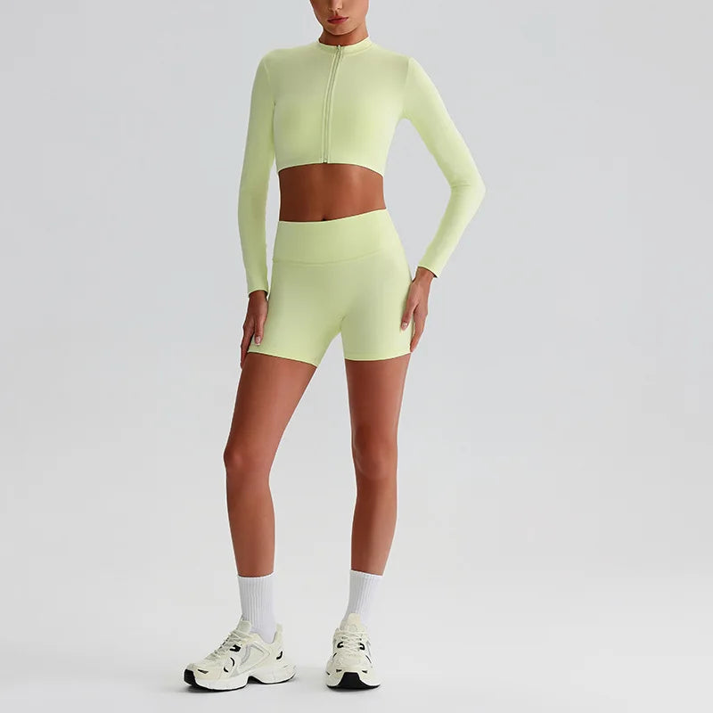 Customized LOGO Women's Skin-friendly Sports Yoga Clothing Slim Elastic Jacket Fitness Shorts Long Sleeve Two-piece Set