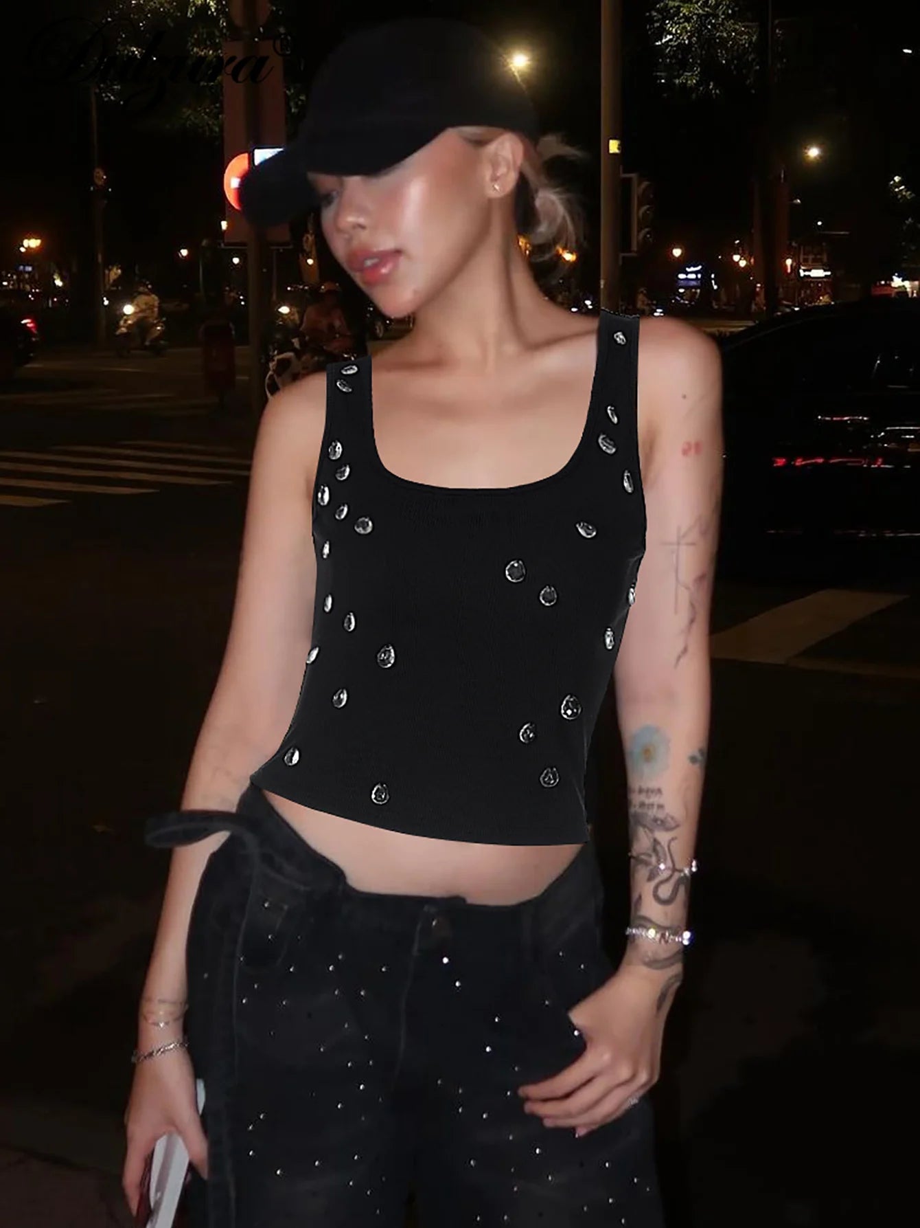 Dulzura Ribbed Sleeveless Water Droplets Diamond Decorated Tank Sexy Casual Bodycon Top Party Club Streetwear Spring Summer