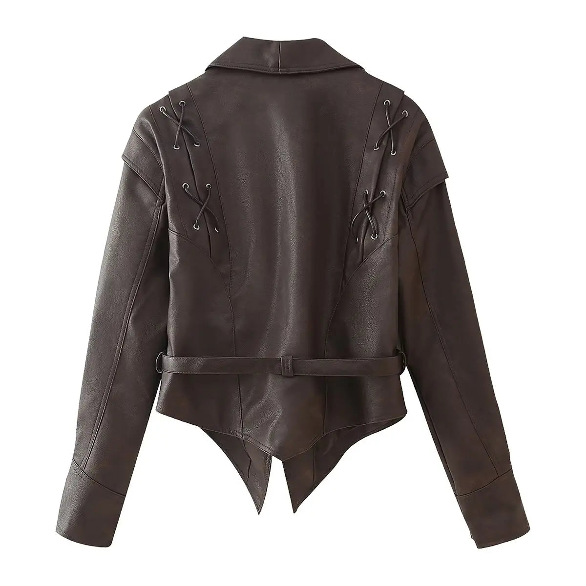 TRAFZA Spring Women Retro Brown PU Jackets Lace-up Single Button Coats Slim Sashes Jacket Fashion 2025 Female Casual Outwears