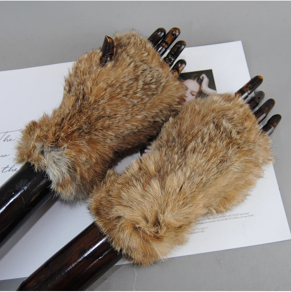 New Arrival Women Knit Fur Mitten Girls 100% Real Genuine Knitted Rex Rabbit Fur Mittens Winter Warm Real Fur Fingerless Gloves