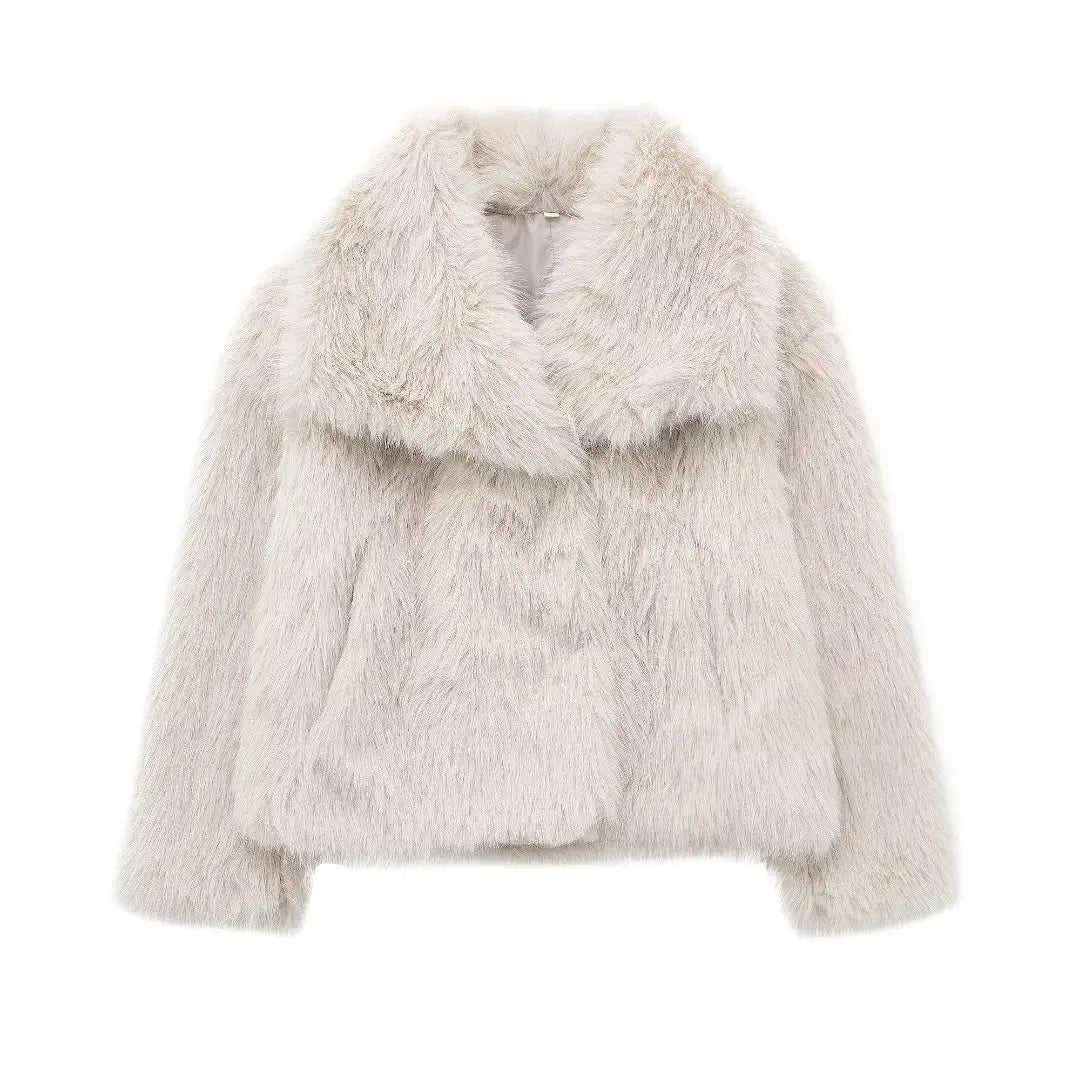 TRAFZA Female Vintage Artificial Fur Effect Coats Lapel Warm Plush Long Sleeves Hidden Buttons Autumn Winter Casual Outerwear