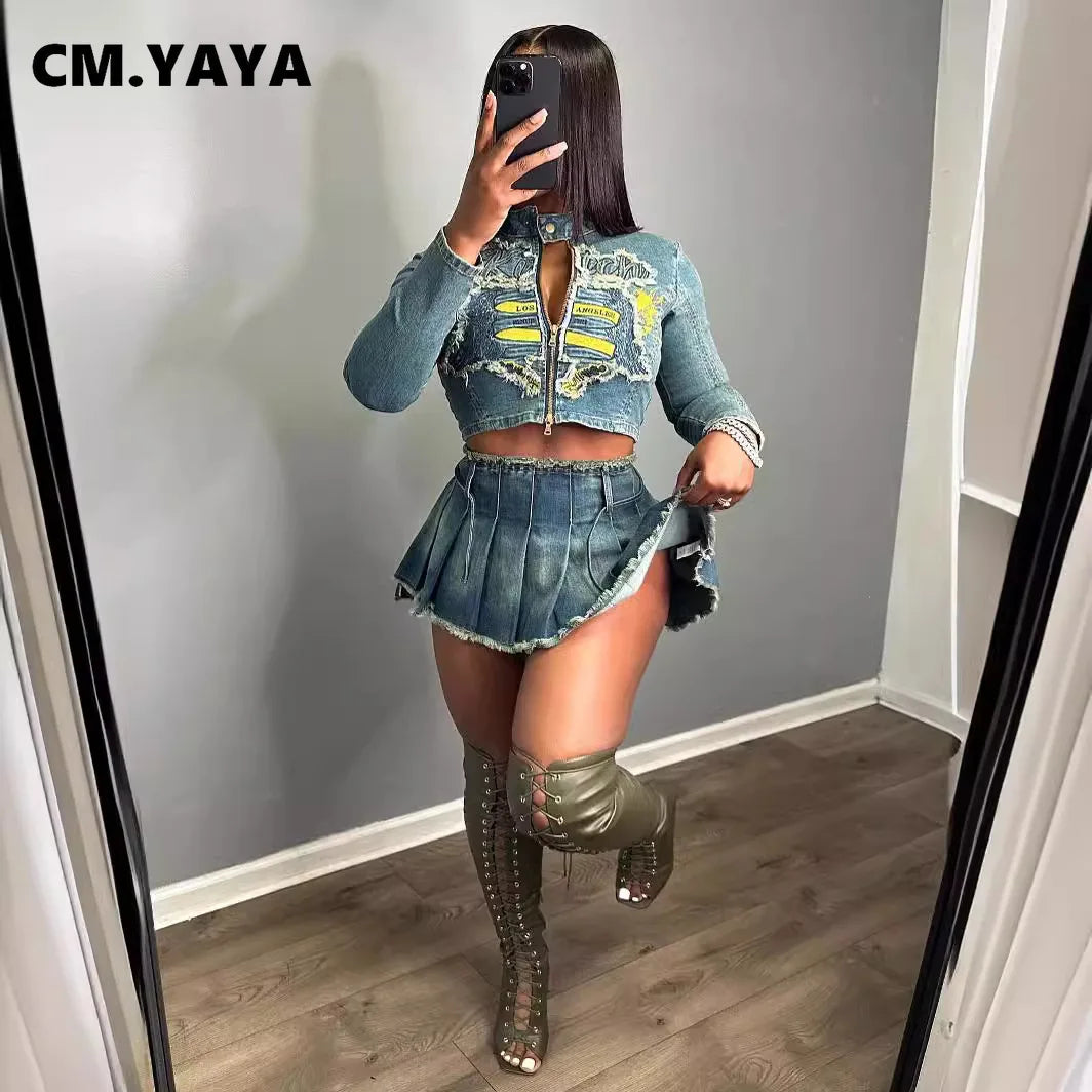 CM.YAYA Denim Women's Set Letter Embroidery Full Sleeve Jacket and Pleated Skirts Suits Streetwear Sexy Two 2 Piece Set Outfits