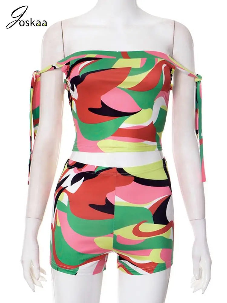 Joskaa Colorful Print Beach Style 2 Piece Sets Women Swimsuit Sexy Tube Tops and Shorts Matching 2025 Summer Bathing Suit