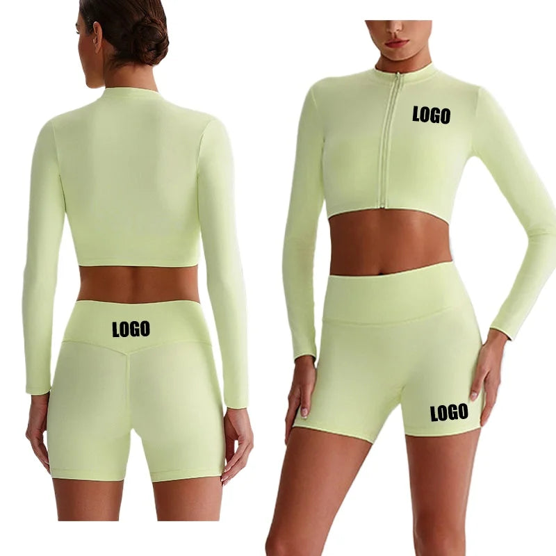 Customized LOGO Women's Skin-friendly Sports Yoga Clothing Slim Elastic Jacket Fitness Shorts Long Sleeve Two-piece Set