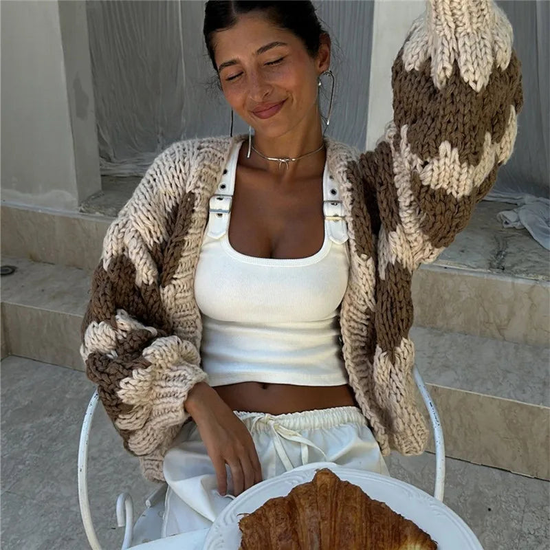 Imcute Women Oversized Cardigan Sweaters Color Block Long Sleeve Chunky Knit Sweaters Coat Y2K Open Front Colorful Cardigans