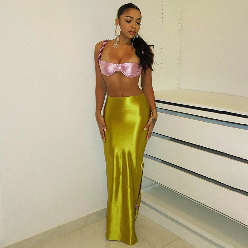 CUTENOVA Stain Long Solid Color Skirt Elegant High Waist Side Split Maxi Skirts Party Sexy Clothes for Women Autumn 2024