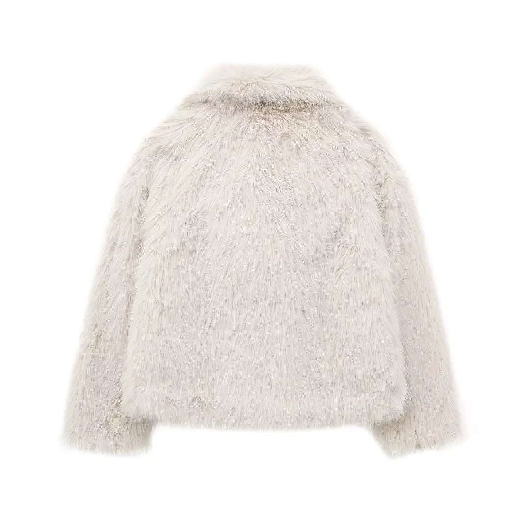 TRAFZA Female Vintage Artificial Fur Effect Coats Lapel Warm Plush Long Sleeves Hidden Buttons Autumn Winter Casual Outerwear