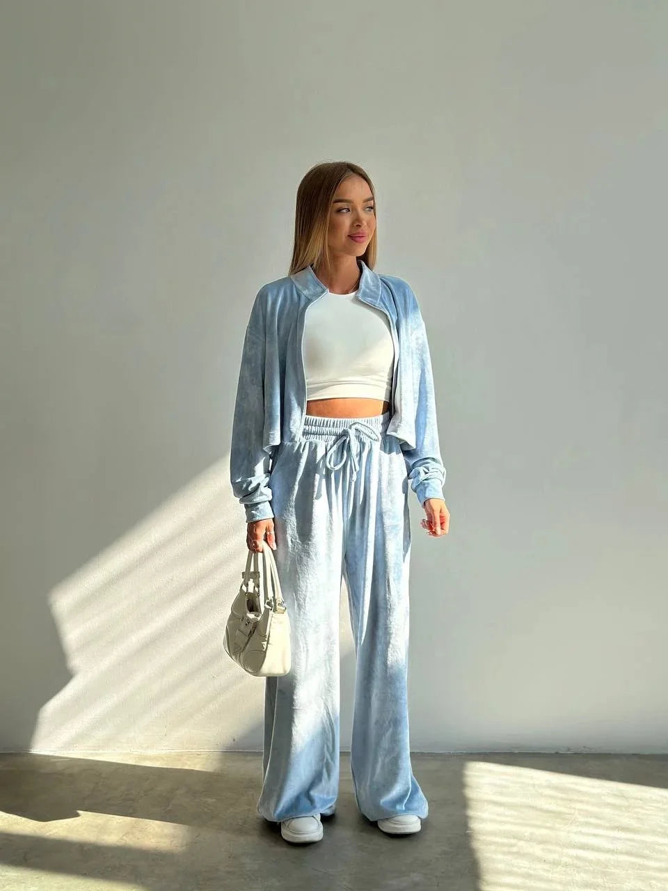 Autumn And Winter Long-sleeved Zipper Lapel Jacket Elastic Waist Wideleg Trousers Velvet Casual Two-Piece Suit For Office Ladies