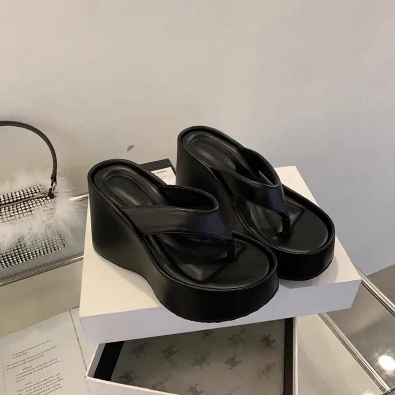 Design Summer Chunky Woman Slippers Fashion Platform Wedges High Heel Silvery Ladies Shoes Zapatillas De Mujer