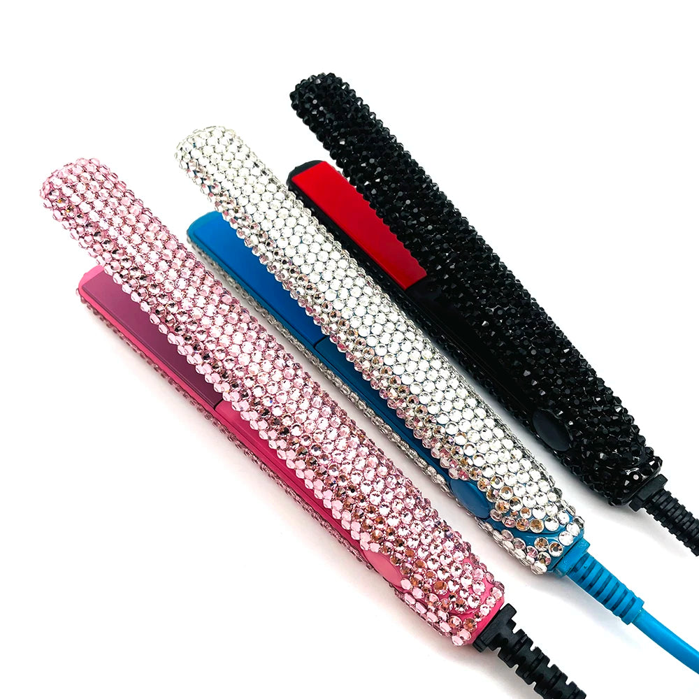 Mini Hair Straightener and Curler With Diamonds 2 in 1 Portable Mini Bangs Flat Iron Tourmaline Plate Flat Iron For Short Hair