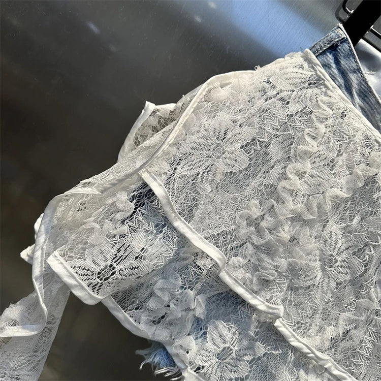 Ruffle Leaf Edge Irregular Curtain Skirt Sweet A Line Skirt Lace Splicing Denim Shorts Street Hipster Denim Shorts Women