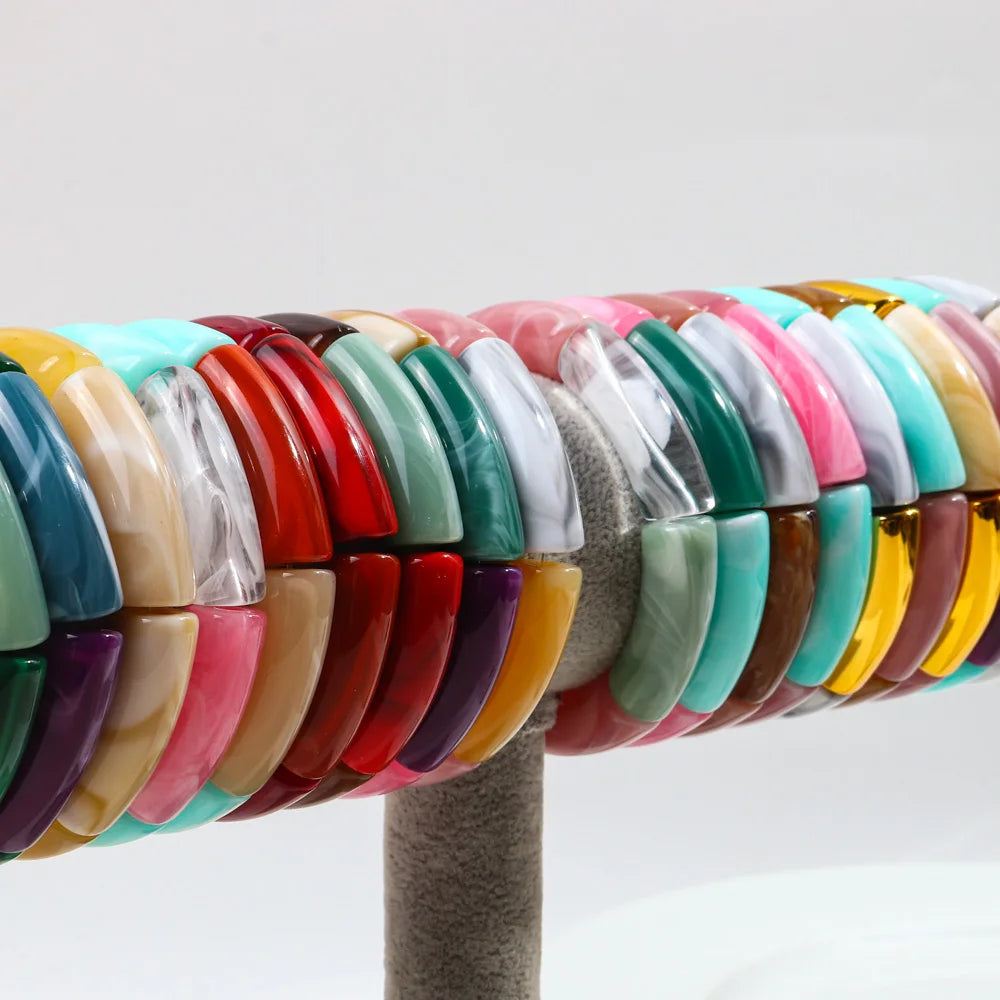 FishSheep Trendy Acrylic Stacked Bamboo Beads Bangles Bracelets for Women Bohemian Resin Elastic Beaded Bracelets Set Jewelry