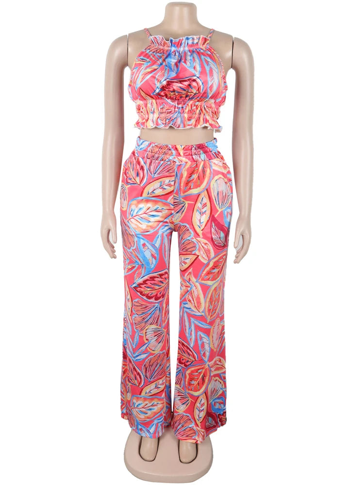 Beyprern Women Tropical Leaf Printed Lace-Back Crop Top And Wide Legs Pant Set Summer Ruched Floral Tracksuits Set Beach Outfits