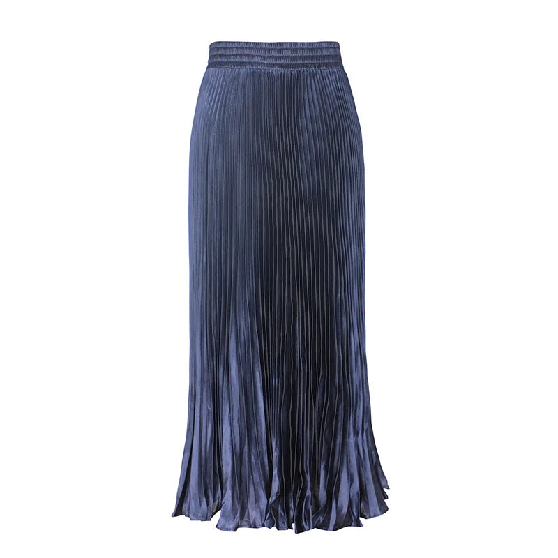 Women's Fashion Pleated Mermaid Long Skirt Korean Style Casual High Waist Satin Flowy Skirts Shiny 19 Colors 2024 Spring SK500