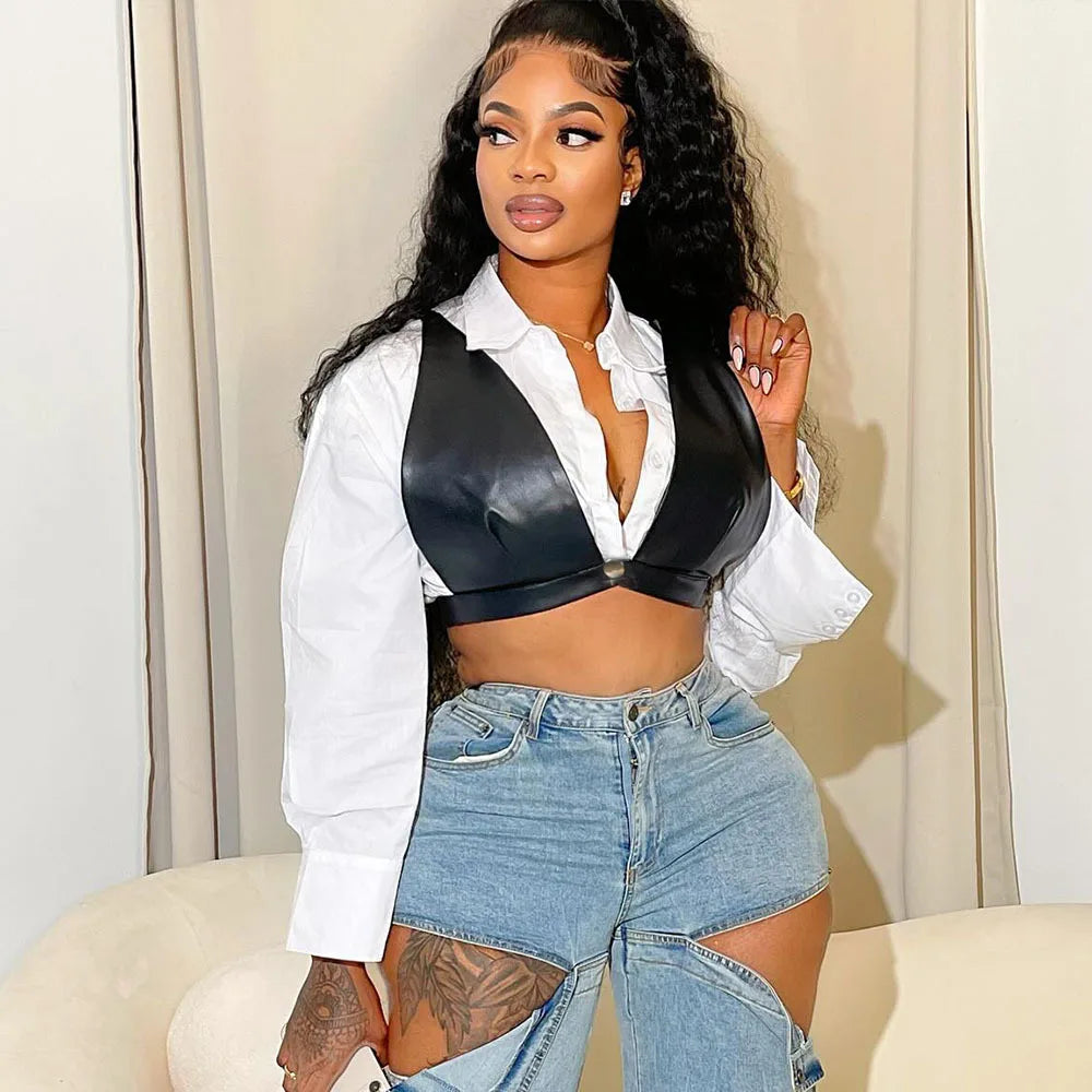 Joskaa Casual Lapel Long Sleeve Single Breasted Slim Crop White Blouses with Black Pu Bra Matching 2024 Chic Tops Streetwear
