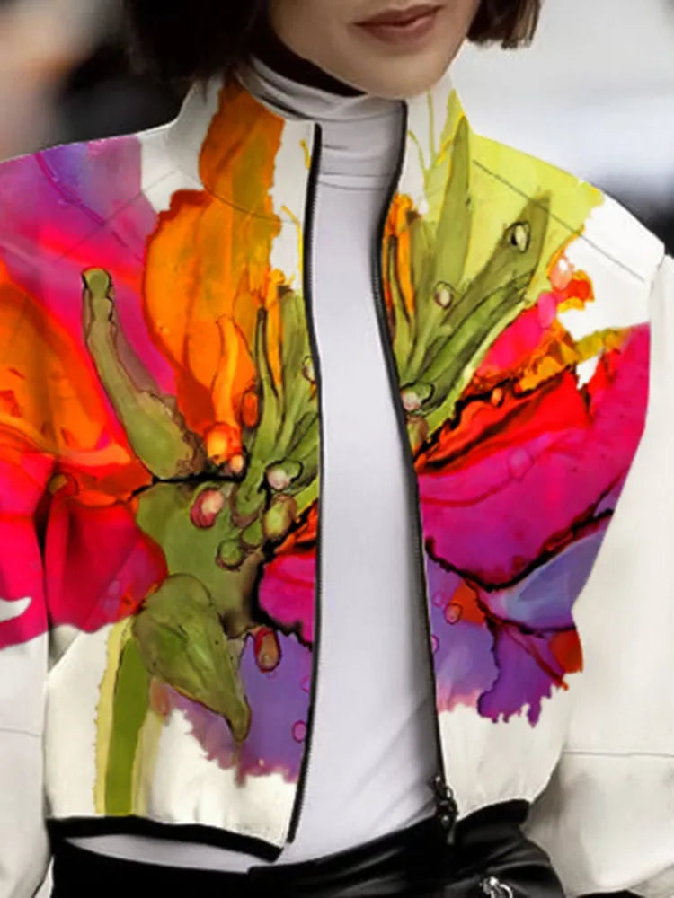 UOOZEE 2024 New Spring Women Stand Collar Jackets Fashion Elegant Floral Printed Puff Sleeves Loose Fit Casual Outerwears