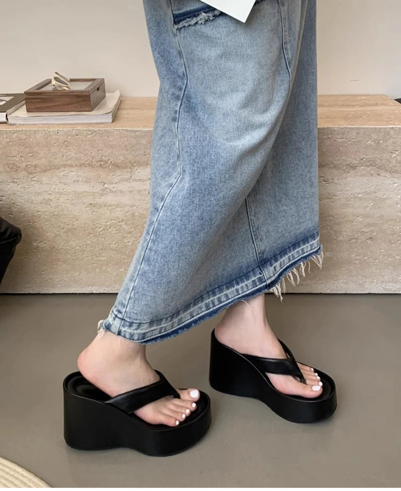 Design Summer Chunky Woman Slippers Fashion Platform Wedges High Heel Silvery Ladies Shoes Zapatillas De Mujer