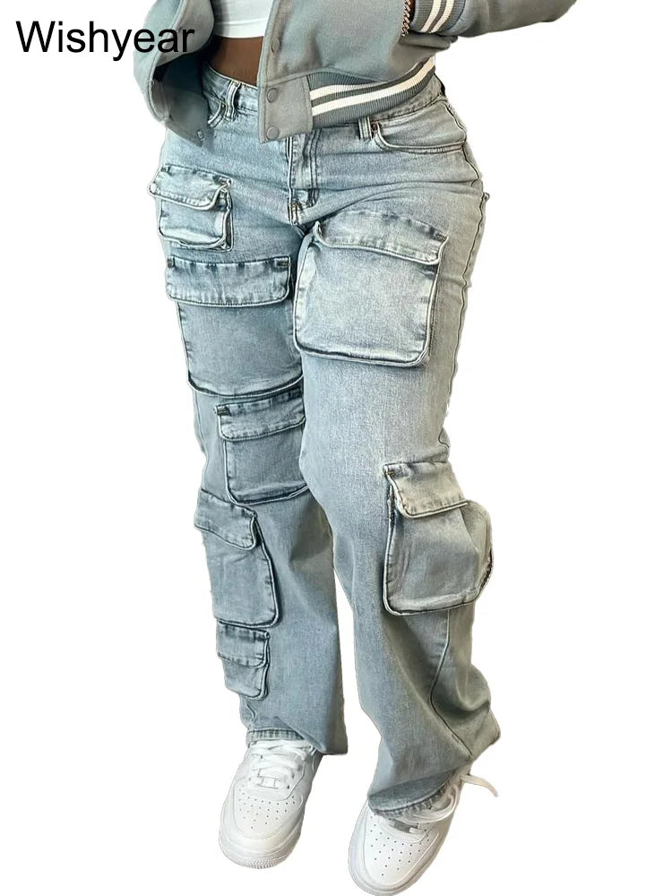 Sweatpants Multi Pockets Stretch Denim Cargo Pants Women Button Fly High Waist Loose Straight Baggy Jeans Trousers Streetwear