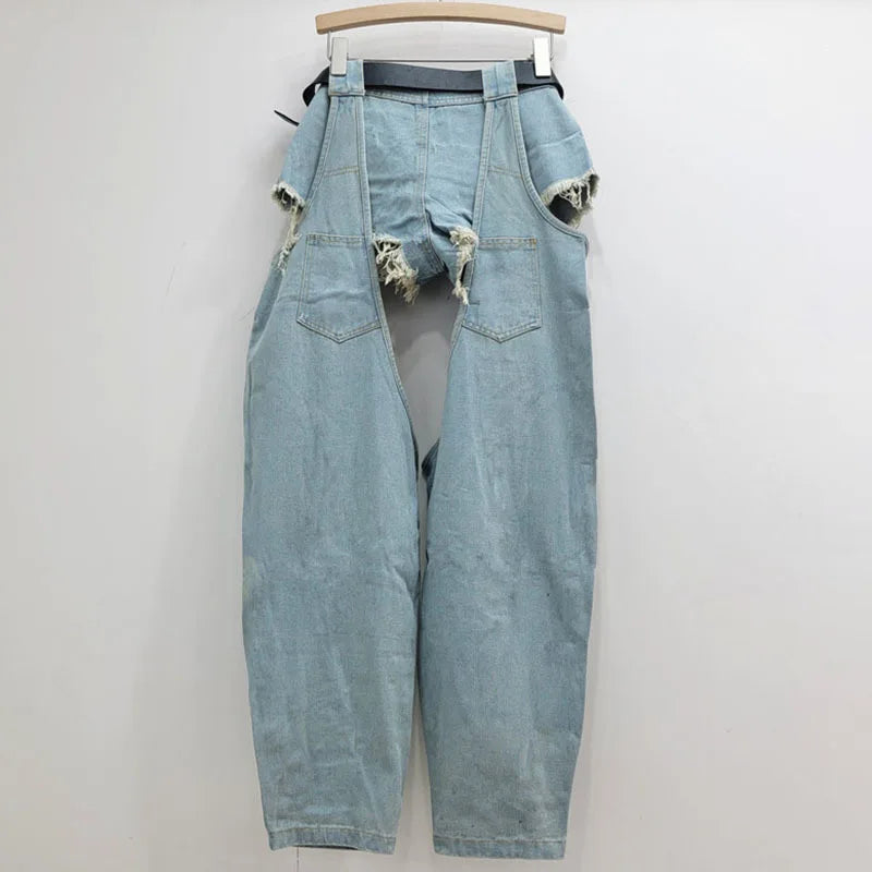DEAT Fashion Women's Worn-out Hole Belt Denim Pants Splicing Low Waisted Shorts Two-piece Set Female 2024 Autumn New 11A01141