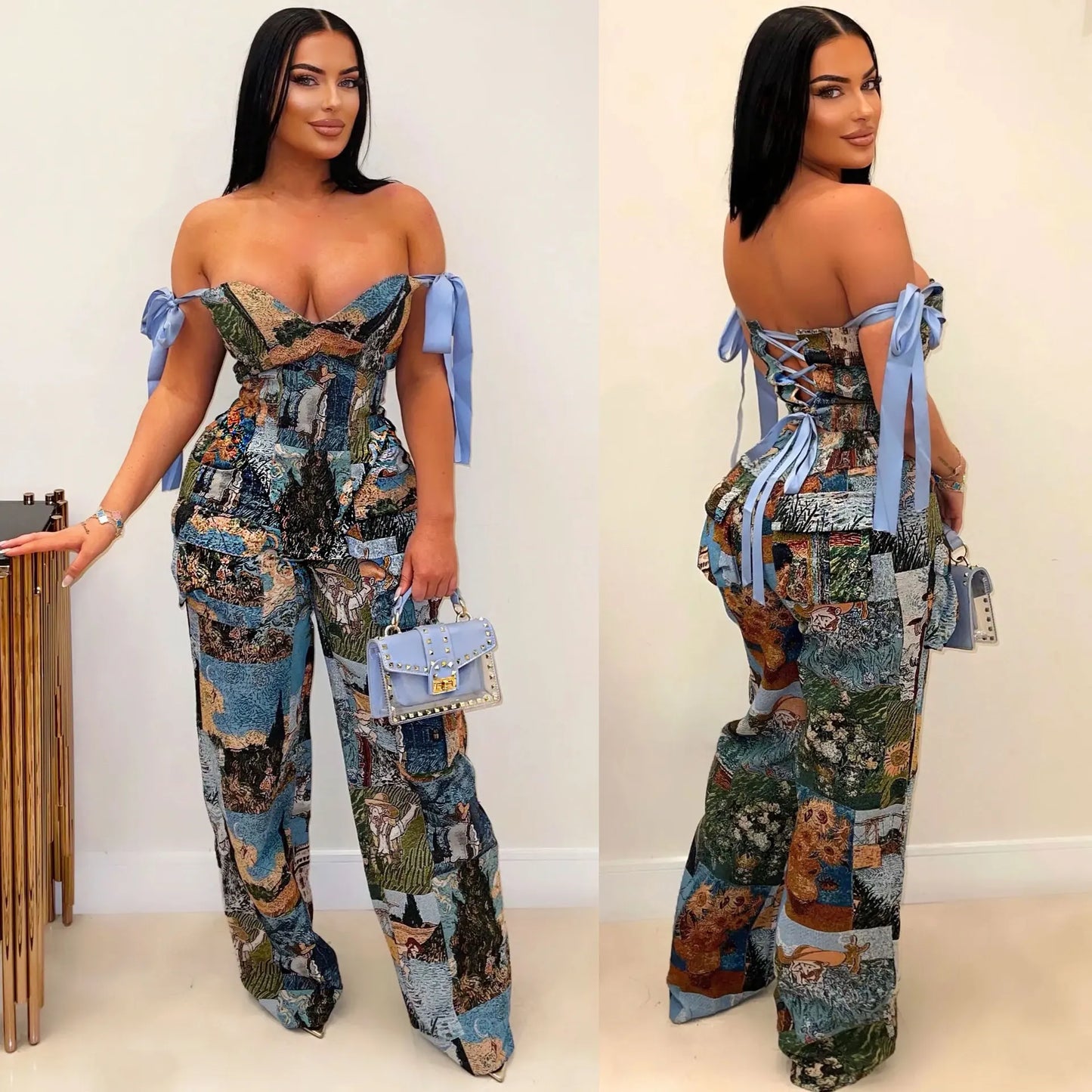 CM.YAYA Oil Painting Printed Women's Set Lace Up Back Crop Top and Pants Suit 2024 Fall Winter Two 2 Piece Sets Outfit Tracksuit
