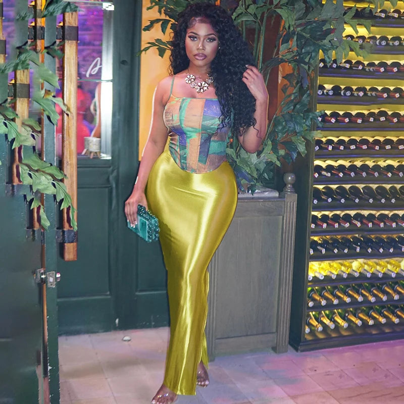 CUTENOVA Stain Long Solid Color Skirt Elegant High Waist Side Split Maxi Skirts Party Sexy Clothes for Women Autumn 2024