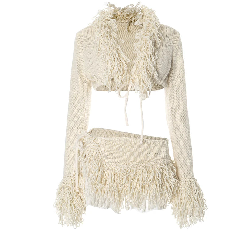 CUTENOVA 2024 New French Knit Sexy Set Tie Cardigan Long Sleeve Navel Top + Fashion Sexy Mini Skirt Set For Y2K Hottie Girl Wear