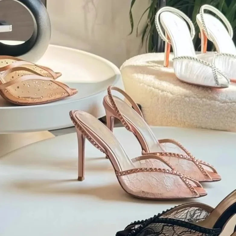 Rhinestone Lace Pointed Toe Women Sandals Ankle Strap Buckle Thin High Heels Solid Slingback Sexy Summer Shoes Luxury 2025 New