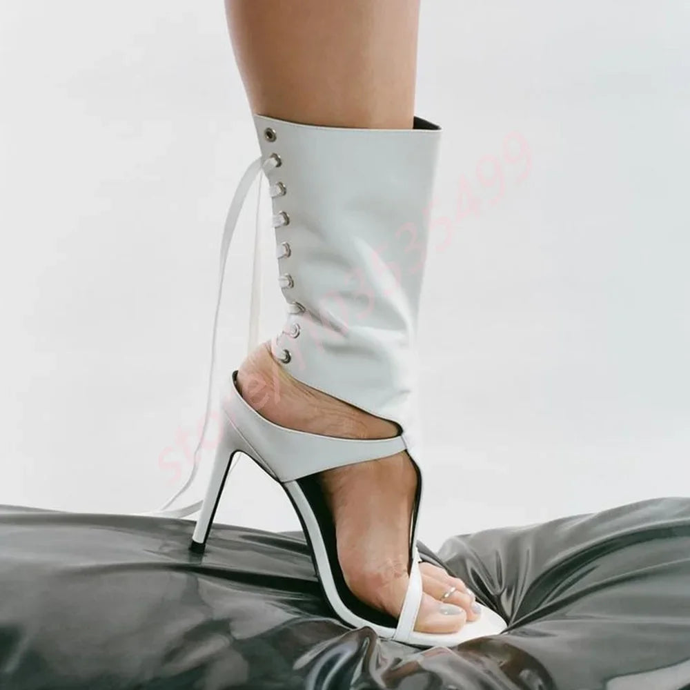 Sexy Ladies Open Summer Roman Sandals 2025 New Solid Color Straps Stiletto Catwalk Boots Fashion Party Casual Lace-Up Sandals
