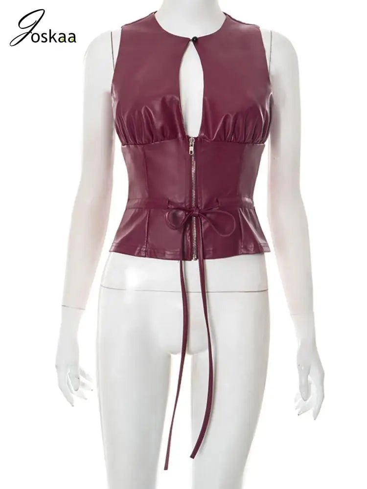 Joskaa 2025 Women's Pu Leather Tops Sexy Cutout Crew Neck Sleeveless Zip Front Tie Detail Tees Party Club Tshirts Y2K Streetwear