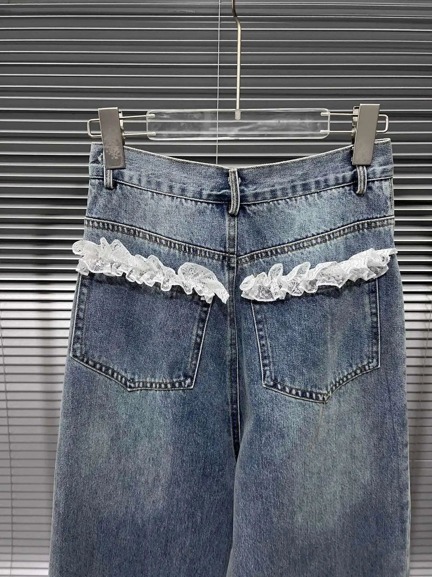 DEAT Women's Fashion Retro Lace Patchwork Denim Long Pants High Waist Wide Leg Jeans Female 2024 Arrival Winter New 11A02128