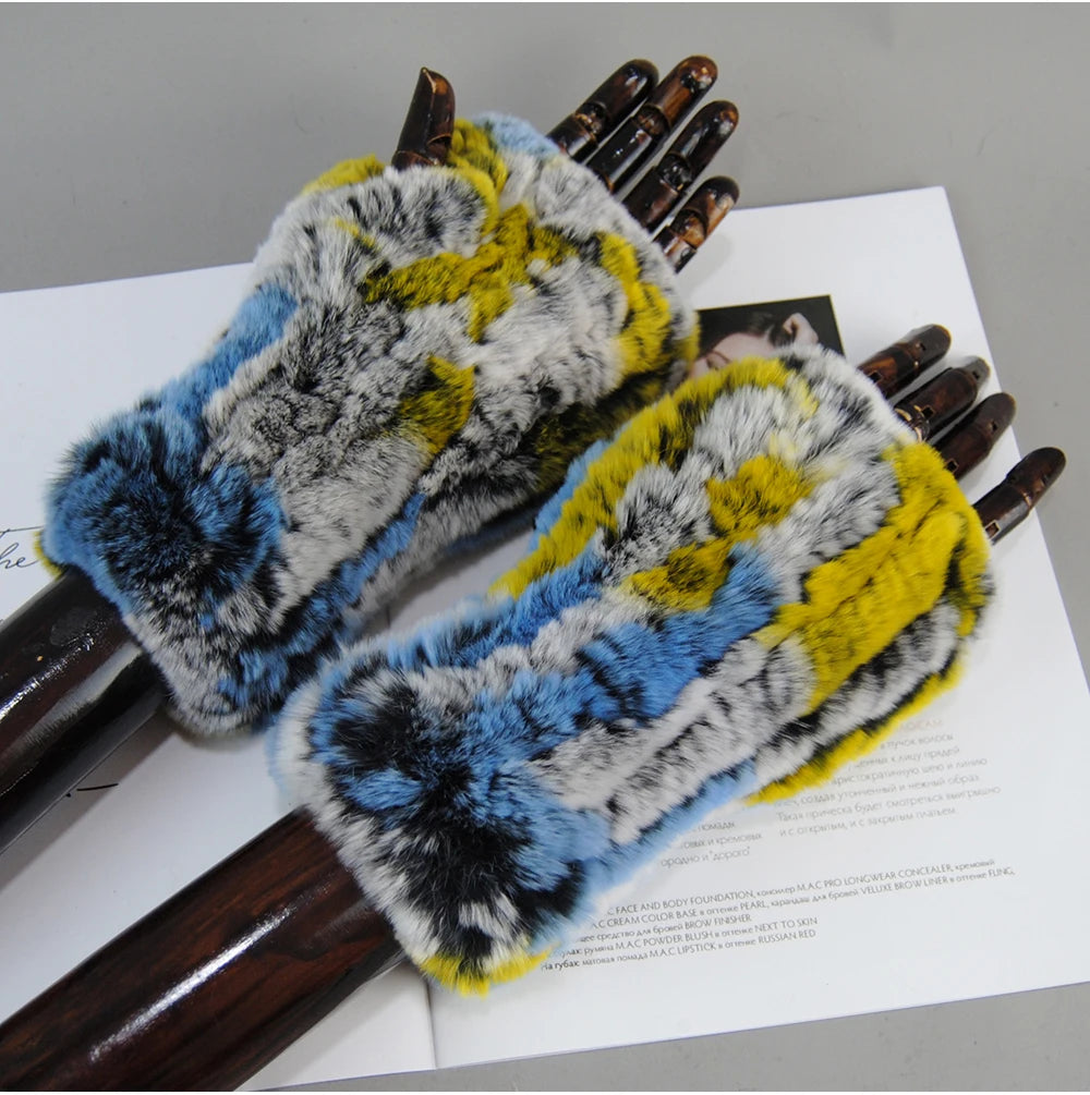 New Arrival Women Knit Fur Mitten Girls 100% Real Genuine Knitted Rex Rabbit Fur Mittens Winter Warm Real Fur Fingerless Gloves