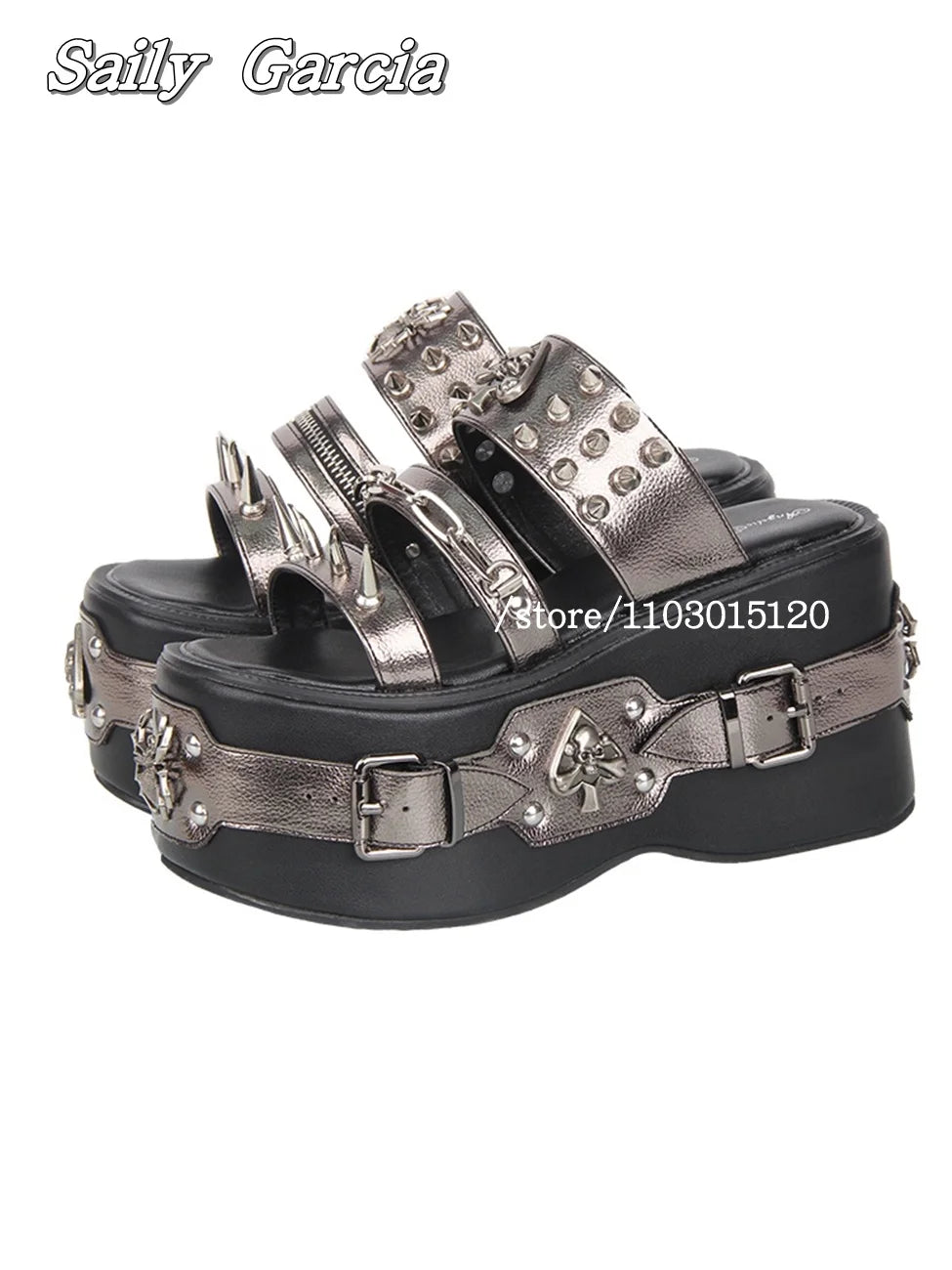 Punk Style Metal Rivet Thick Sole 10CM Heel Slippers Open Toe Size 34-47 Original Customization Y2K Slides Silver Hollow Sandals