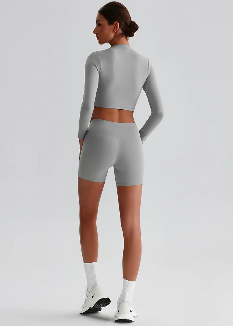 Customized LOGO Women's Skin-friendly Sports Yoga Clothing Slim Elastic Jacket Fitness Shorts Long Sleeve Two-piece Set