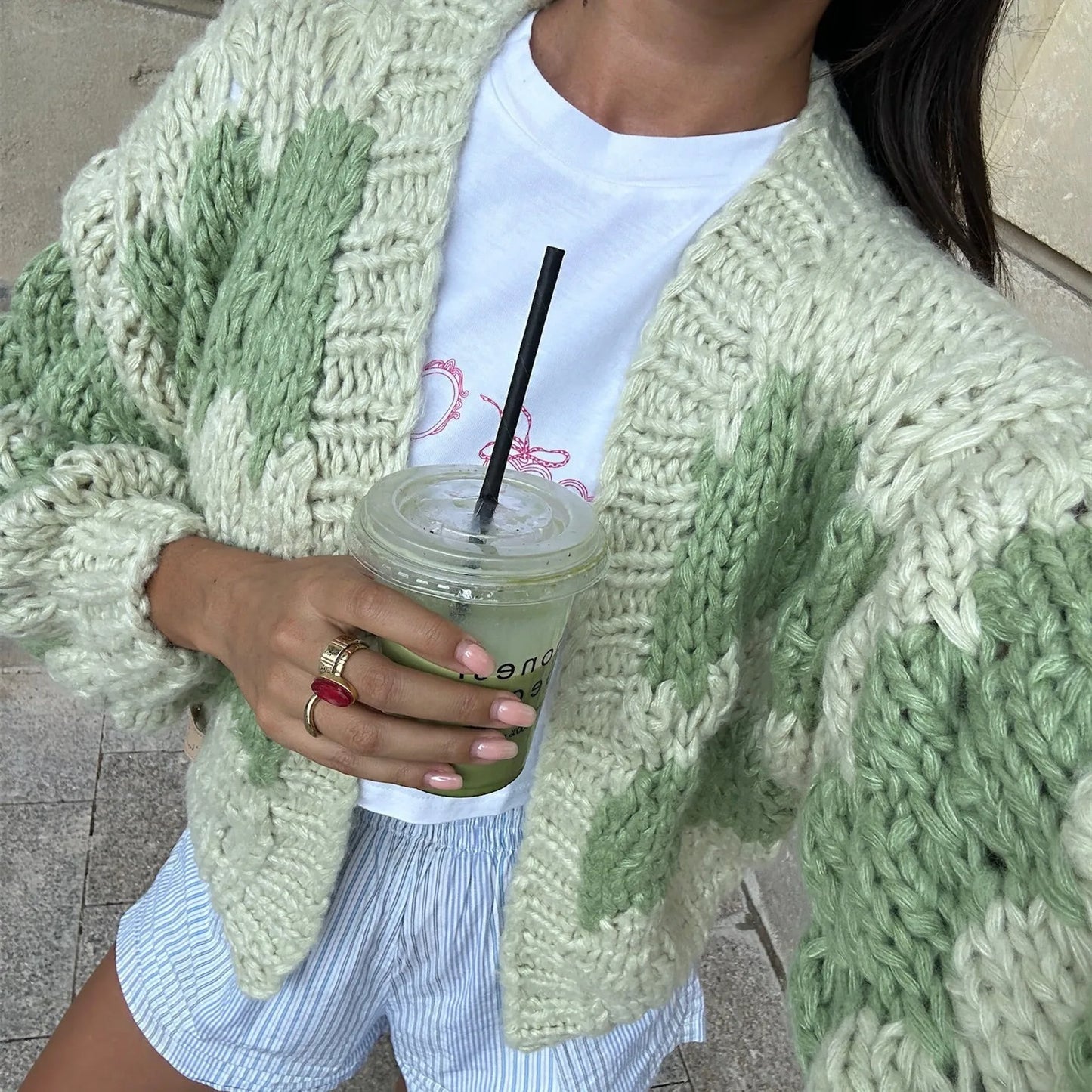 Imcute Women Oversized Cardigan Sweaters Color Block Long Sleeve Chunky Knit Sweaters Coat Y2K Open Front Colorful Cardigans