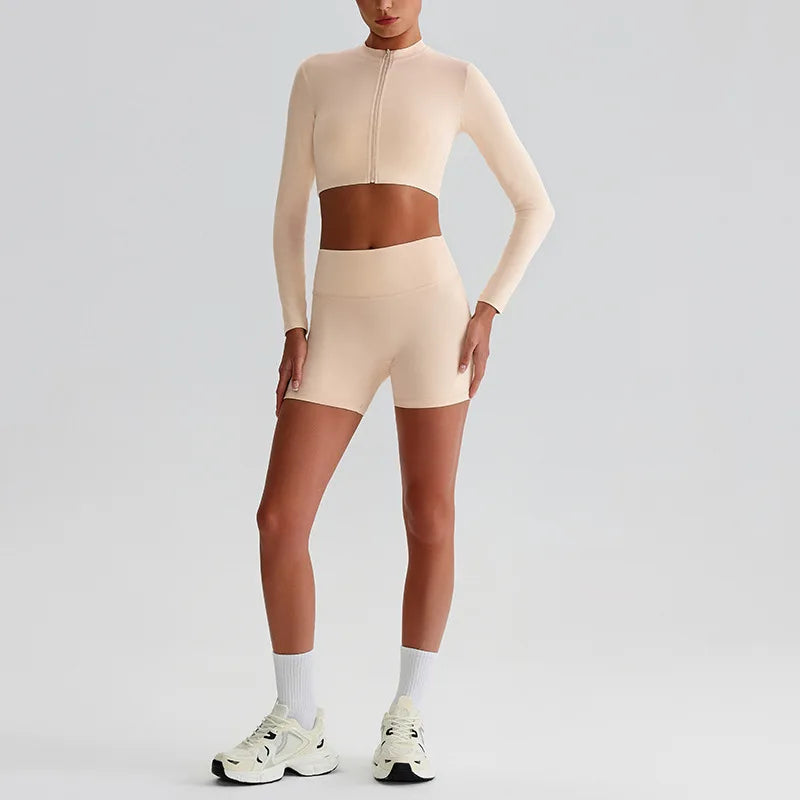 Customized LOGO Women's Skin-friendly Sports Yoga Clothing Slim Elastic Jacket Fitness Shorts Long Sleeve Two-piece Set