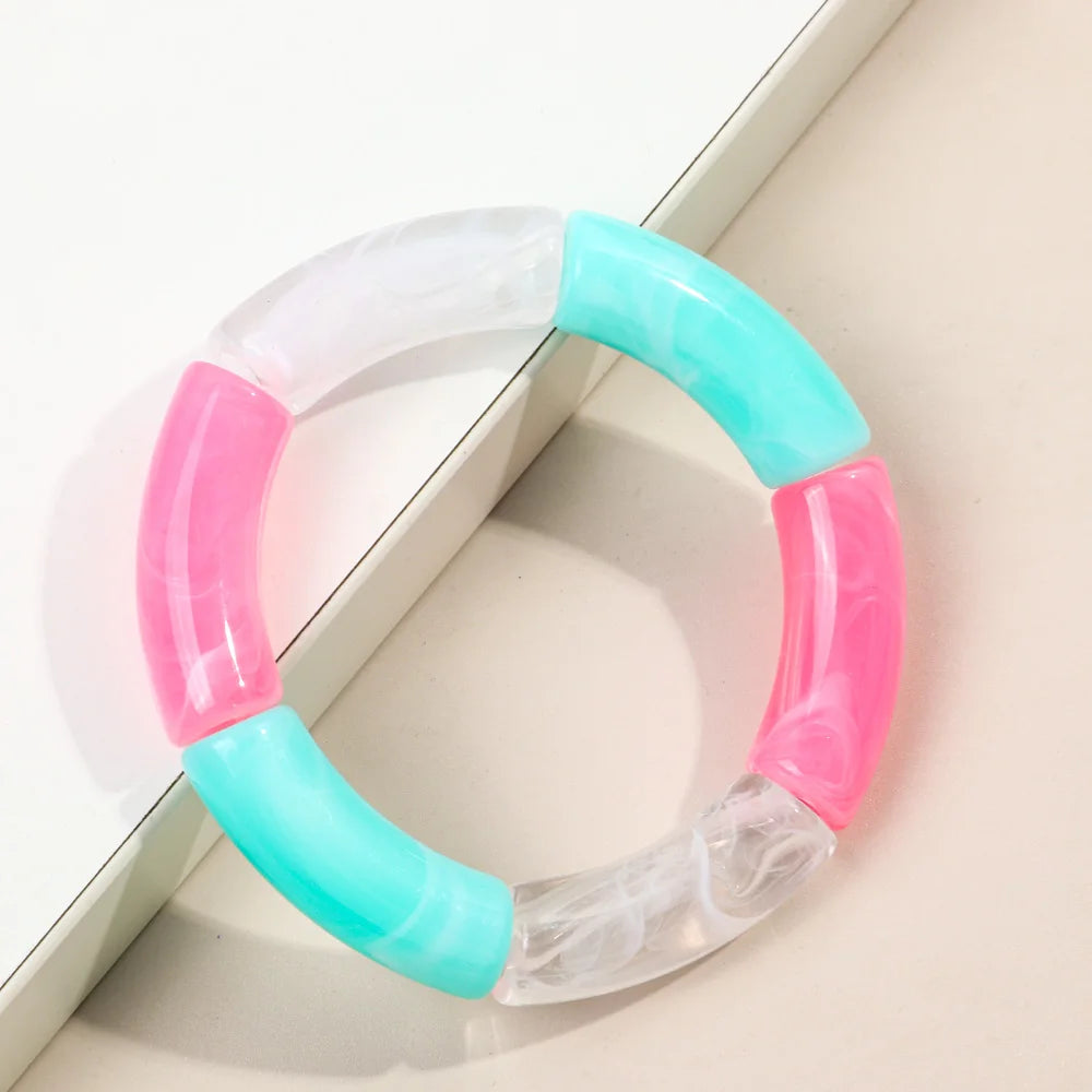 FishSheep Trendy Acrylic Stacked Bamboo Beads Bangles Bracelets for Women Bohemian Resin Elastic Beaded Bracelets Set Jewelry
