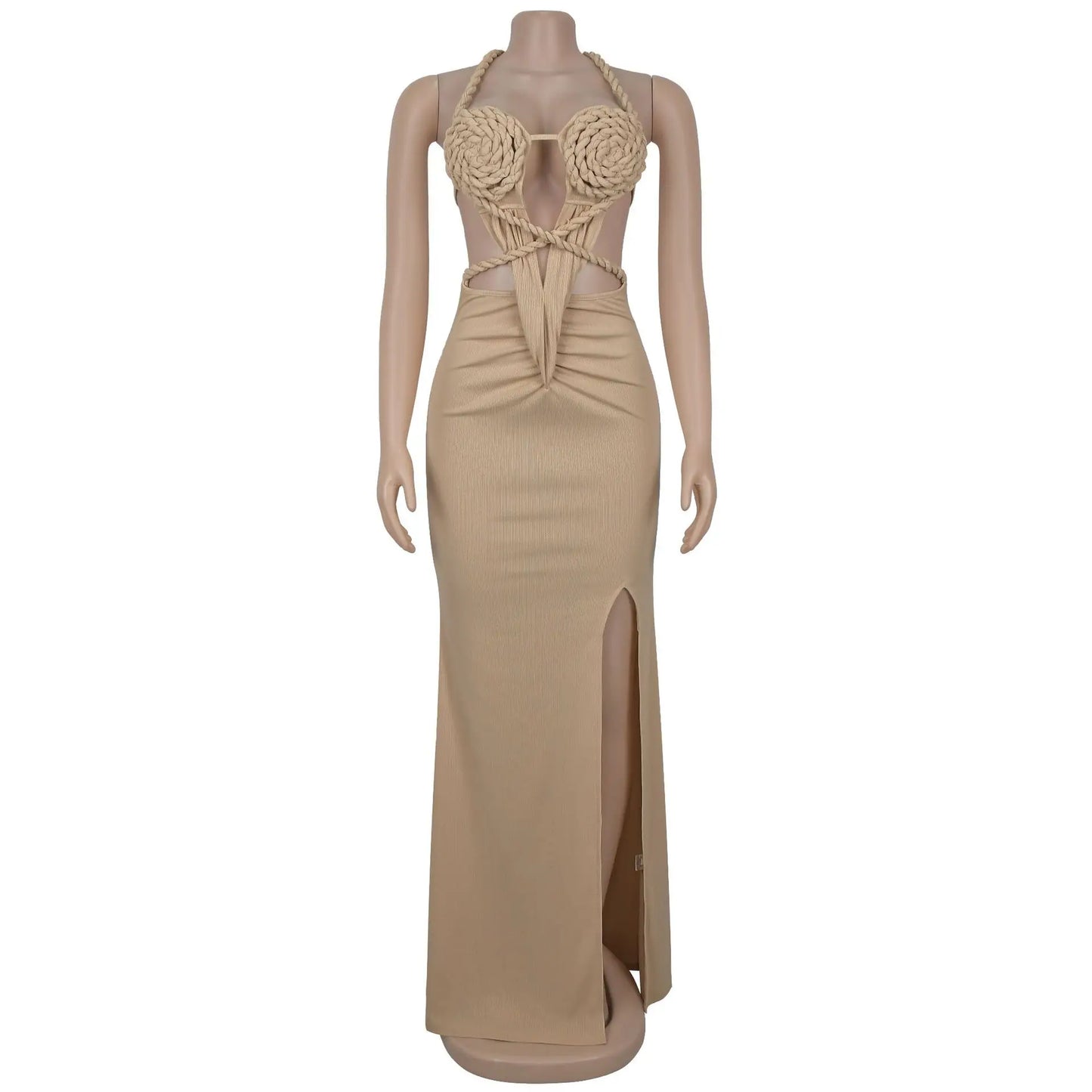 CM.YAYA Women Hemp Rope Halter Neck Stacked Ruched High Split Knit Bodycon Midi Maxi Long Dress 2025 Birthday Sexy Party Dresses