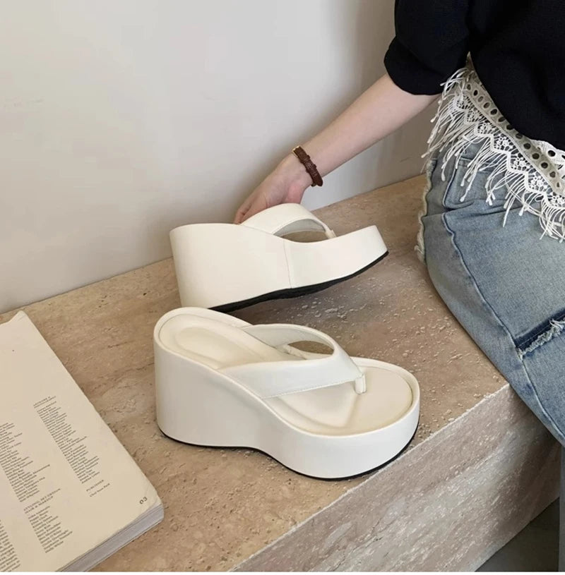 Design Summer Chunky Woman Slippers Fashion Platform Wedges High Heel Silvery Ladies Shoes Zapatillas De Mujer