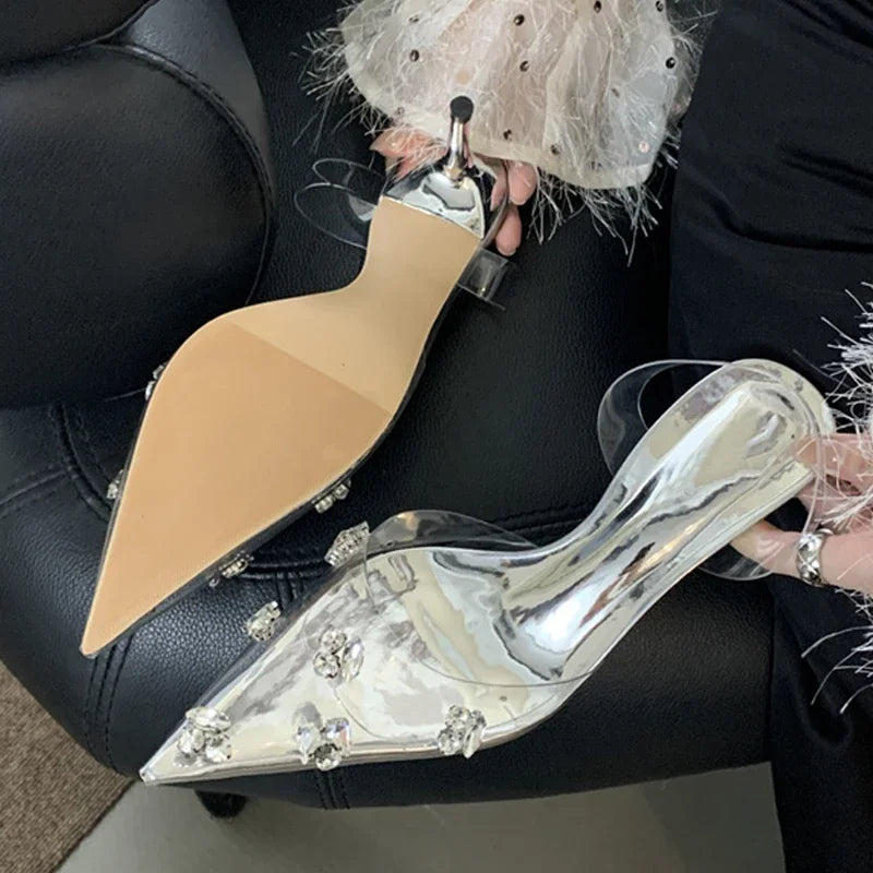 Eilyken Sexy Glitter Crystal PVC Transparent Women Pumps Thin Heels Party Prom Pointed Toe Slingbacks Shoes