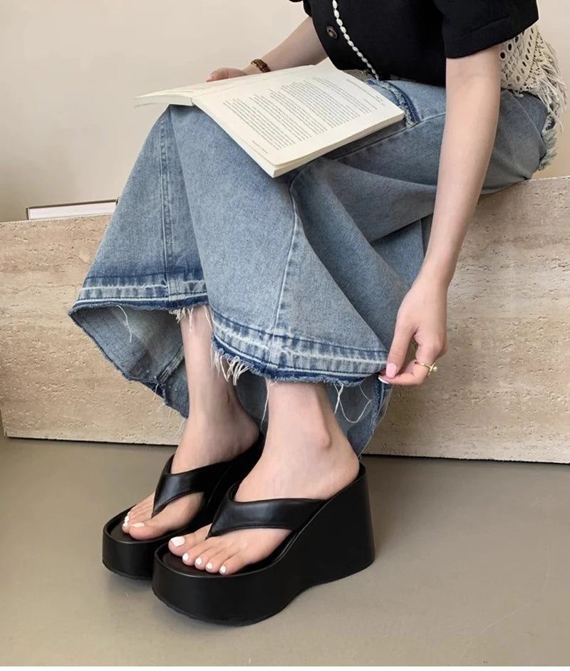 Design Summer Chunky Woman Slippers Fashion Platform Wedges High Heel Silvery Ladies Shoes Zapatillas De Mujer