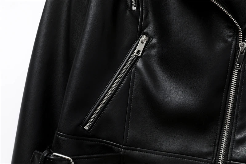 RARF 2024 Women's Spring Black faux-leather jacket Casual zipper and belt Cycling jacket Casual jacket jacket