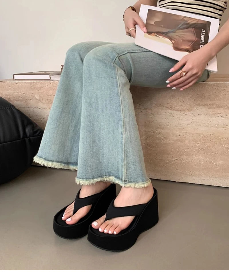 Design Summer Chunky Woman Slippers Fashion Platform Wedges High Heel Silvery Ladies Shoes Zapatillas De Mujer