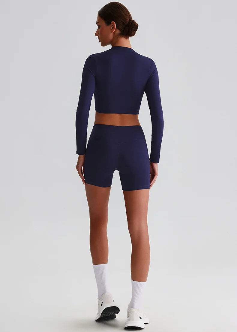 Customized LOGO Women's Skin-friendly Sports Yoga Clothing Slim Elastic Jacket Fitness Shorts Long Sleeve Two-piece Set