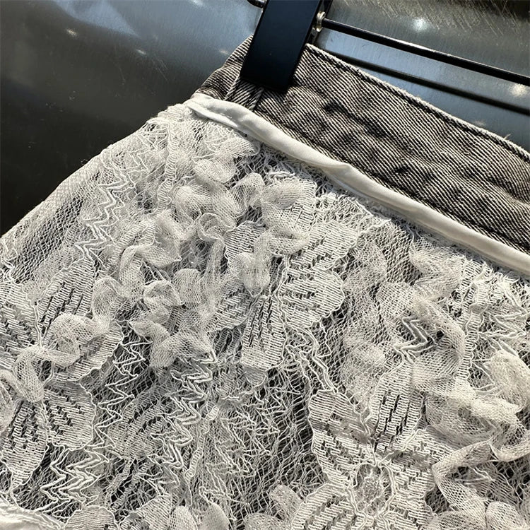 Ruffle Leaf Edge Irregular Curtain Skirt Sweet A Line Skirt Lace Splicing Denim Shorts Street Hipster Denim Shorts Women