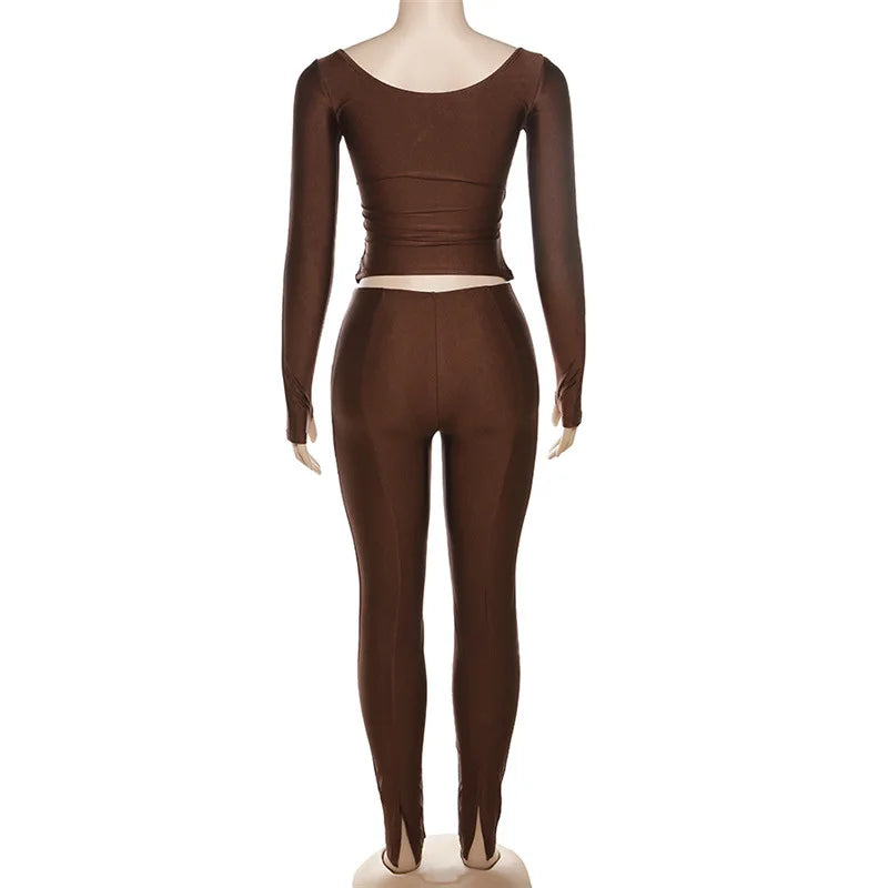 Simenual Casual Skinny Women Two Piece Set Sexy Deep V Crop Tops High Waist Pants Cyber Y2K Outfits Slim Co Ord Suits Streetwear